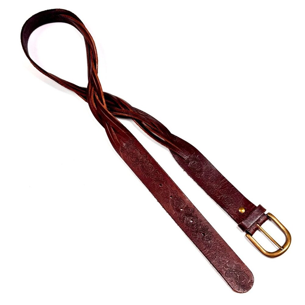 Vintage Brown Tooled Leather Braided Floral Boho Belt
